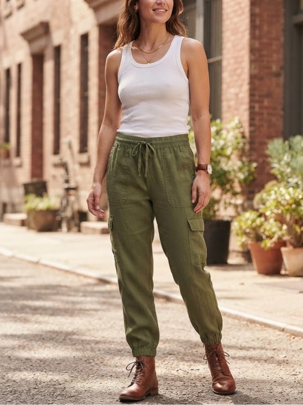 J.Crew Women's Green Linen Blend Cargo Jogger Pants Size 6 Style BX583